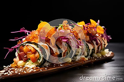 close up of a sushi roll with extravagant toppings Stock Photo