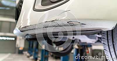 Close up suspension car crash dented and scratch .accident repair service maintenance Stock Photo