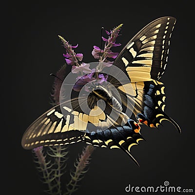 A close-up of a swallowtail butterfly hovering over a flower Cartoon Illustration
