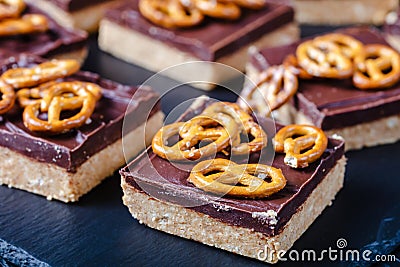 Close-up of sweet Chocolate Peanut Butter Bars Stock Photo