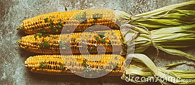 Close-up of sweet corn grilled with herbs and sea salt on a grunge background, wide composition. Photo toned. Top view, flat lay Stock Photo