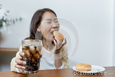 Close up sweet drink, Dieting healthy concept, Stop sugar lose weight, healthy diet, Choosing good food for health benefits. snack Stock Photo
