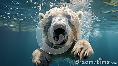 Close-up of a swimming polar bear underwater looking at the camera. Generative Ai Stock Photo