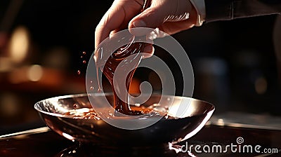 A close-up of a Swiss chocolatier's hand tempering a bowl of molten chocolate, capturing the glossy, velvety texture Stock Photo