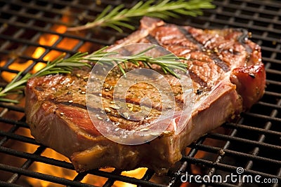 close-up of a t-bone steak grilling, showing texture and juiciness Stock Photo