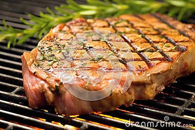 close-up of a t-bone steak grilling, showing texture and juiciness Stock Photo