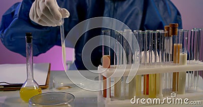 Close-up of a table with test tubes in a stand. a person in blue protective clothing and white gloves drips from a Stock Photo