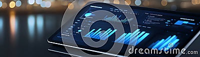 A close-up of a tablet displaying vibrant data analytics, showcasing growth in a modern digital interface with dynamic graphs Stock Photo