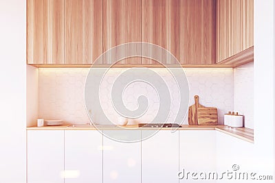 Close up of a tabletop in kitchen, wood, toned Stock Photo