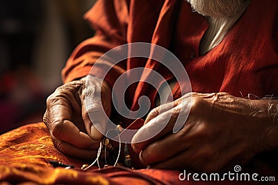 close-up of a tailors hands threading a needle Stock Photo