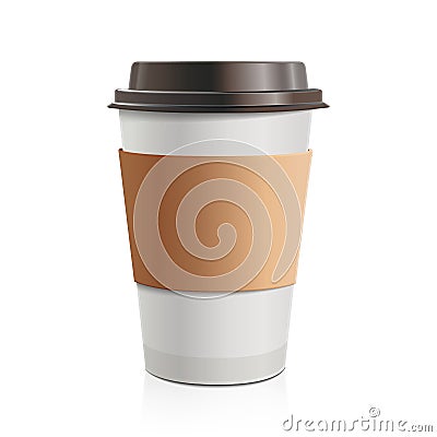 Close up take-out coffee with brown cap and cup holder. on white background. Vector Illustration