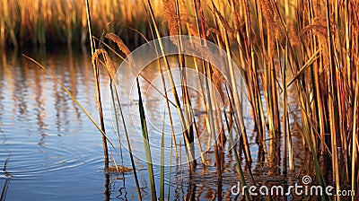 Close-up of tall Reeds growing at the edge of a river. Generative AI Stock Photo