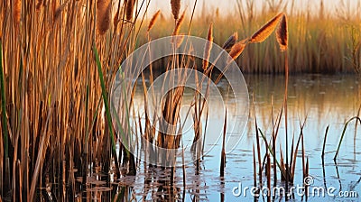 Close-up of tall Reeds growing at the edge of a river. Generative AI Stock Photo