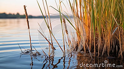 Close-up of tall Reeds growing at the edge of a river. Generative AI Stock Photo