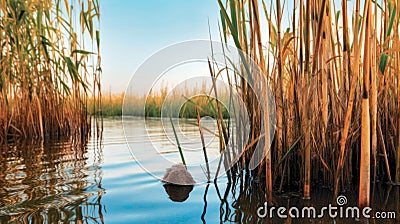 Close-up of tall Reeds growing at the edge of a river. Generative AI Stock Photo