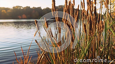 Close-up of tall Reeds growing at the edge of a river. Generative AI Stock Photo