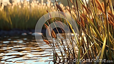 Close-up of tall Reeds growing at the edge of a river. Generative AI Stock Photo