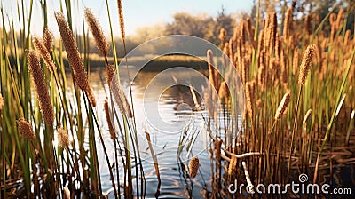 Close-up of tall Reeds growing at the edge of a river. Generative AI Stock Photo