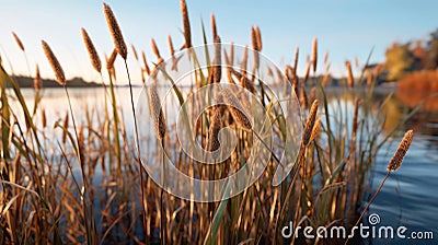 Close-up of tall Reeds growing at the edge of a river. Generative AI Stock Photo