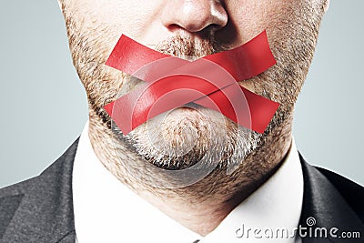 Close up of taped european businessman mouth. Stock Photo