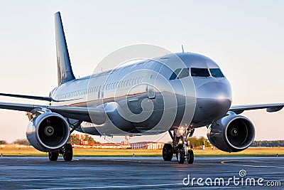 Close-up taxiing passenger airplane at the airport apron Stock Photo