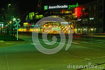 Close up TD Ameritrade Park at Cuming Street Omaha Nebraska at night Editorial Stock Photo