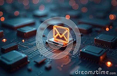 Close-up tech circuit board with glowing email symbol. Modern digital email automation. Integrated circuit, data processing, Stock Photo