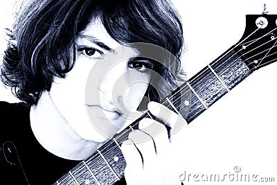 Close Up of Teen Boy With Electric Bass Guitar Over White Stock Photo