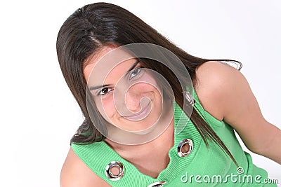 Close Up Of Teen In Green With Smile Over White Stock Photo