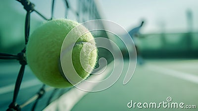 Close-up of a tennis ball on the net with a blurred player in the background, capturing the dynamic essence of a tennis match Cartoon Illustration