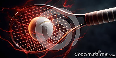 A close-up of a tennis racket as the ball strikes the str created with generative AI Stock Photo