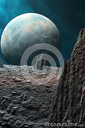 close-up of textured lunar surface with earthrise Stock Photo