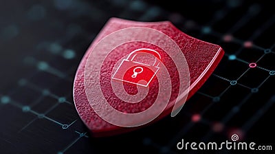 Close up of a textured red shield with a padlock icon, symbolizing secure systems, data encryption, and advanced cybersecurity Cartoon Illustration