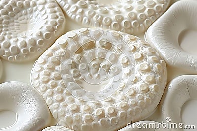 Close-Up, Textured White Surface with Circular Patterns and Indentations resembling Organic Forms. Stock Photo