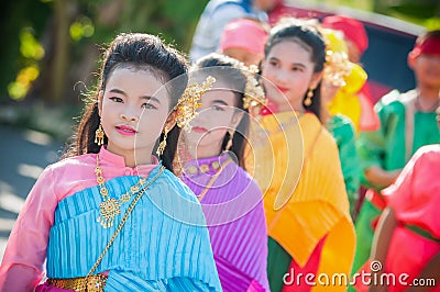 Close up thai girlgroup performing Thai music and Thai dancing in wedding day Editorial Stock Photo