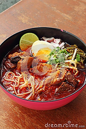 Close up thai northern spicy pork noodle Stock Photo