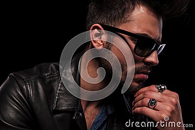 Close up of thoughtful fashion man with sunglasses Stock Photo