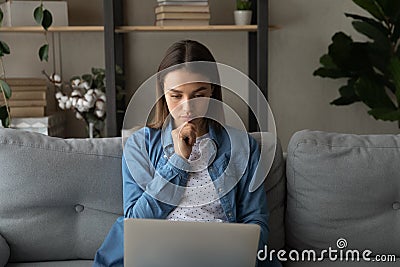 Close up thoughtful focused woman looking at laptop screen Stock Photo