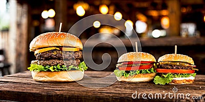 Close-up of three juicy cheeseburgers on a wooden table on a kitchen board against a background of a blurred rustic Stock Photo