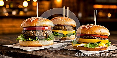 Close-up of three juicy cheeseburgers on a wooden table on a kitchen board against a background of a blurred rustic Stock Photo