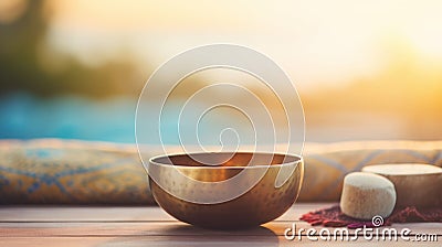 A close up of a tibetan singing bowl or himalayan bowl. Stock Photo