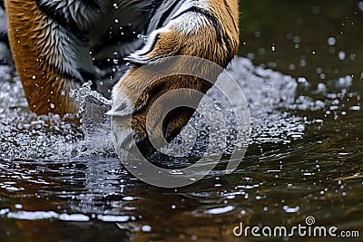 Close-up of a tiger's paw entering the river with a splash the water ripples reflecting the strength and grace of this apex Stock Photo