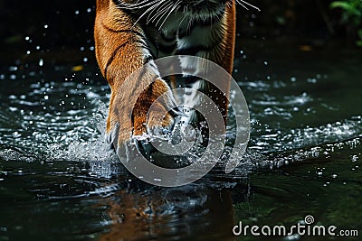 Close-up of a tiger's paw entering the river with a splash the water ripples reflecting the strength and grace of this apex Stock Photo