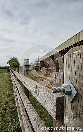 Close-up of a timber-framed farm gate with a distant view of a small dairy herd. Stock Photo