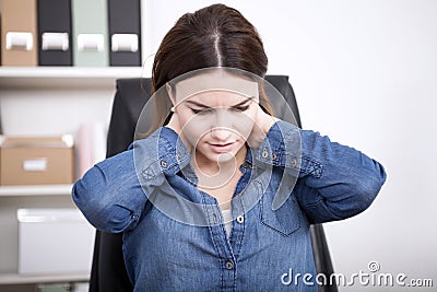 Close up Tired Office Woman Holding her Neck Stock Photo