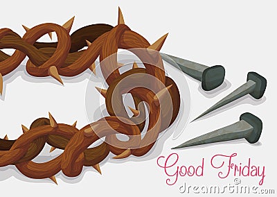 Close-up to Crown of Thorns and Rusty Nails for Good Friday, Vector Illustration Vector Illustration