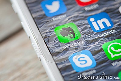 Close up to Evernote app on iPhone screen Editorial Stock Photo