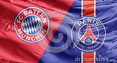 Close up to a flag of Bayern Munich vs Paris Saint-Germain, Champions League Editorial Stock Photo
