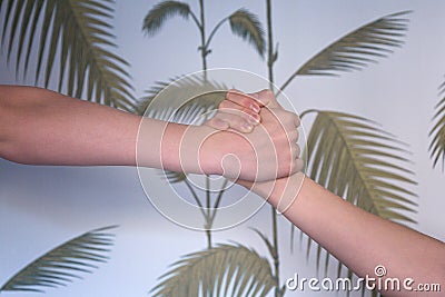 Close up to the hands of two Caucasian male clashing hands. Handshake! Stock Photo