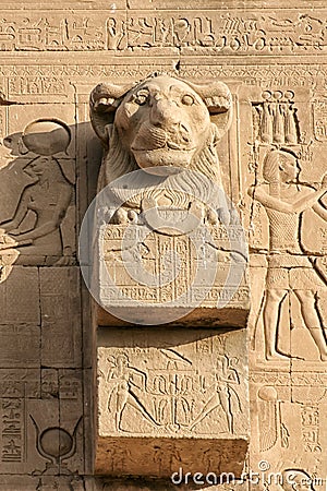 Close up to a lion sculpture in the wall of Temple of Hathor at Dendera, Luxor (Egypt) Stock Photo